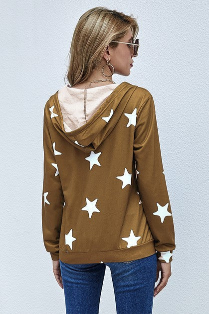 Stars Print Zip Up Long Sleeve Drawstring Hoodie